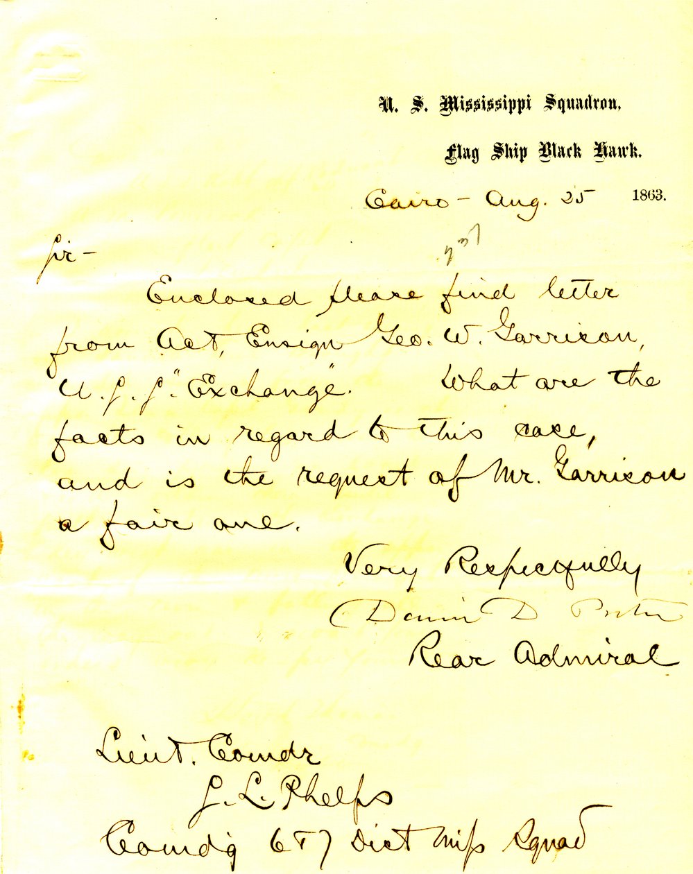 List od Davida D. Portera, U.S.S. Black Hawk, Cairo, Illinois, do Setha Ledyarda Phelpsa, 25 sierpnia 1863 autorstwa David D. Porter