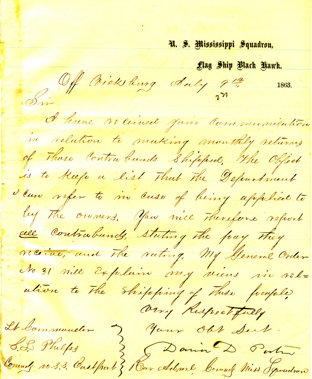 List od Davida D. Portera, U.S.S. Black Hawk, z Vicksburga, do Setha Ledyarda Phelpsa, dowodzącego U.S.S. Eastport, 9 lipca 1863 r. autorstwa David D. Porter