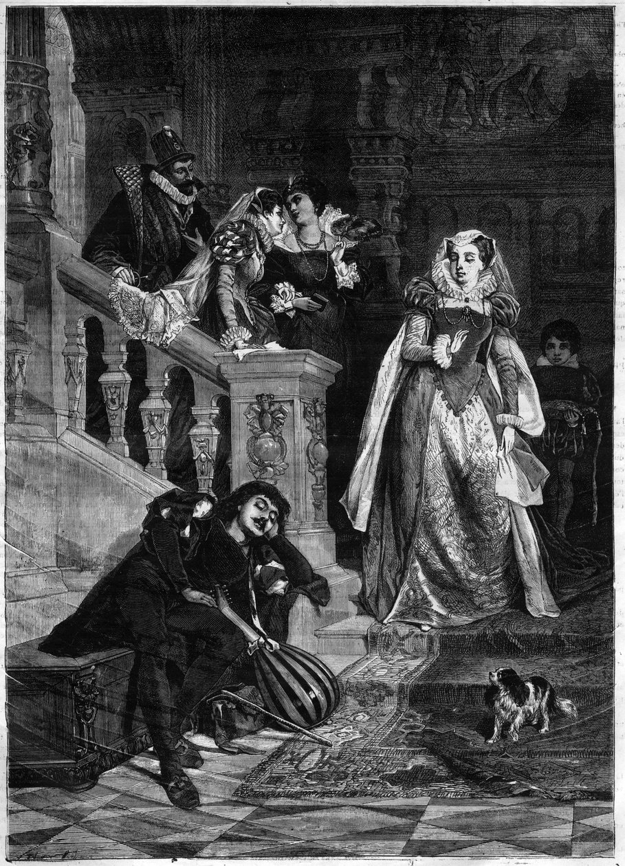 Pierwsze spotkanie królowej Szkocji Marie (Mary) Iere Stuart (1542-1587) z Davidem (Davidem) Rizzio - rycina wg obrazu Davida Dalhoffa Neala autorstwa David Dalhoff (after) Neal