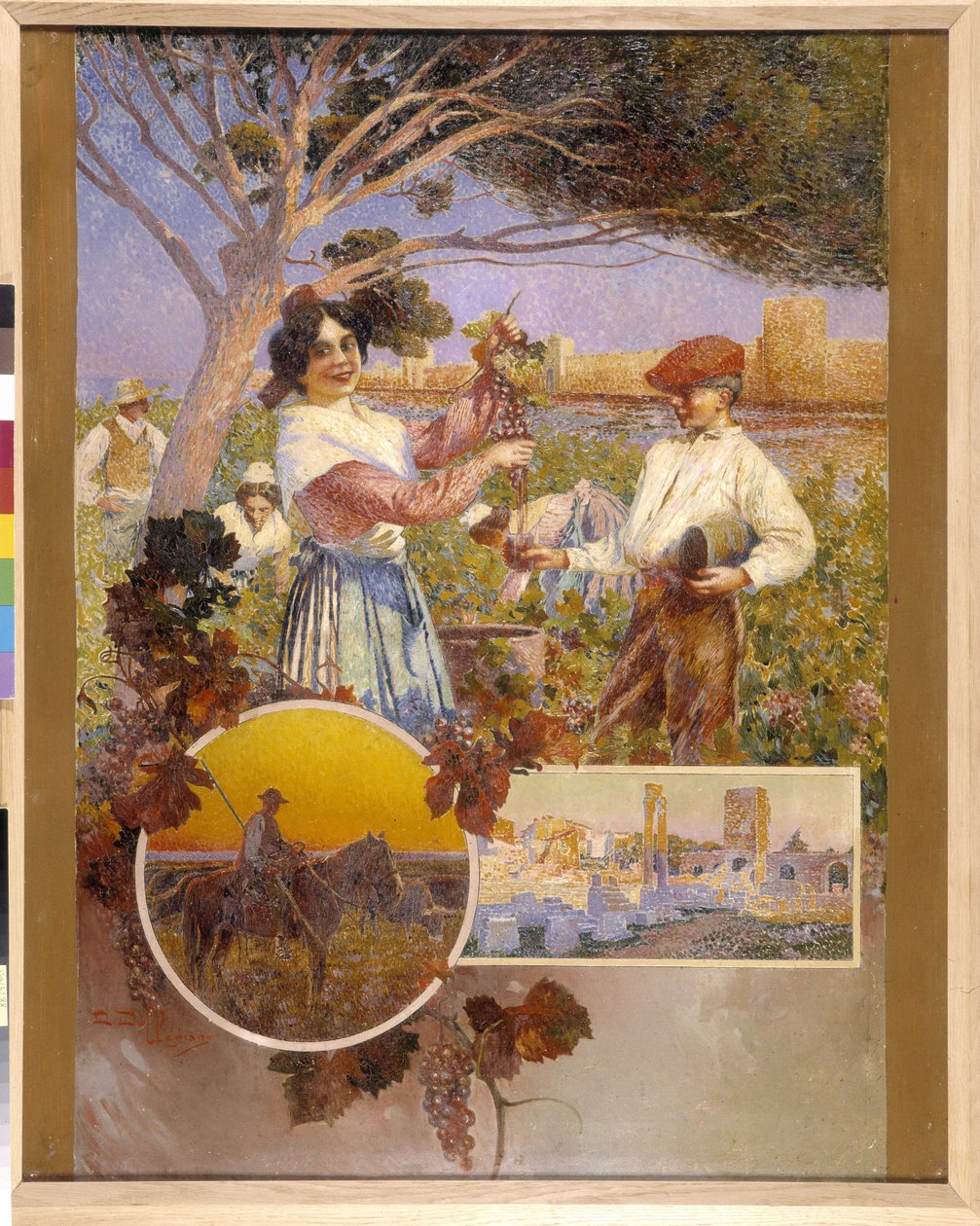 Aigues Mortes (Aigues-Mortes), Arles, Camargue: młoda kobieta pokazuje piękną kiść winogron, którą właśnie zebrała z winnicy. David Dellepiane (1866-1932), puentylizm. Obowiązkowa wzmianka: Collection fondation faith de Provence, Marseille (cm 1 autorstwa David Dellepiane