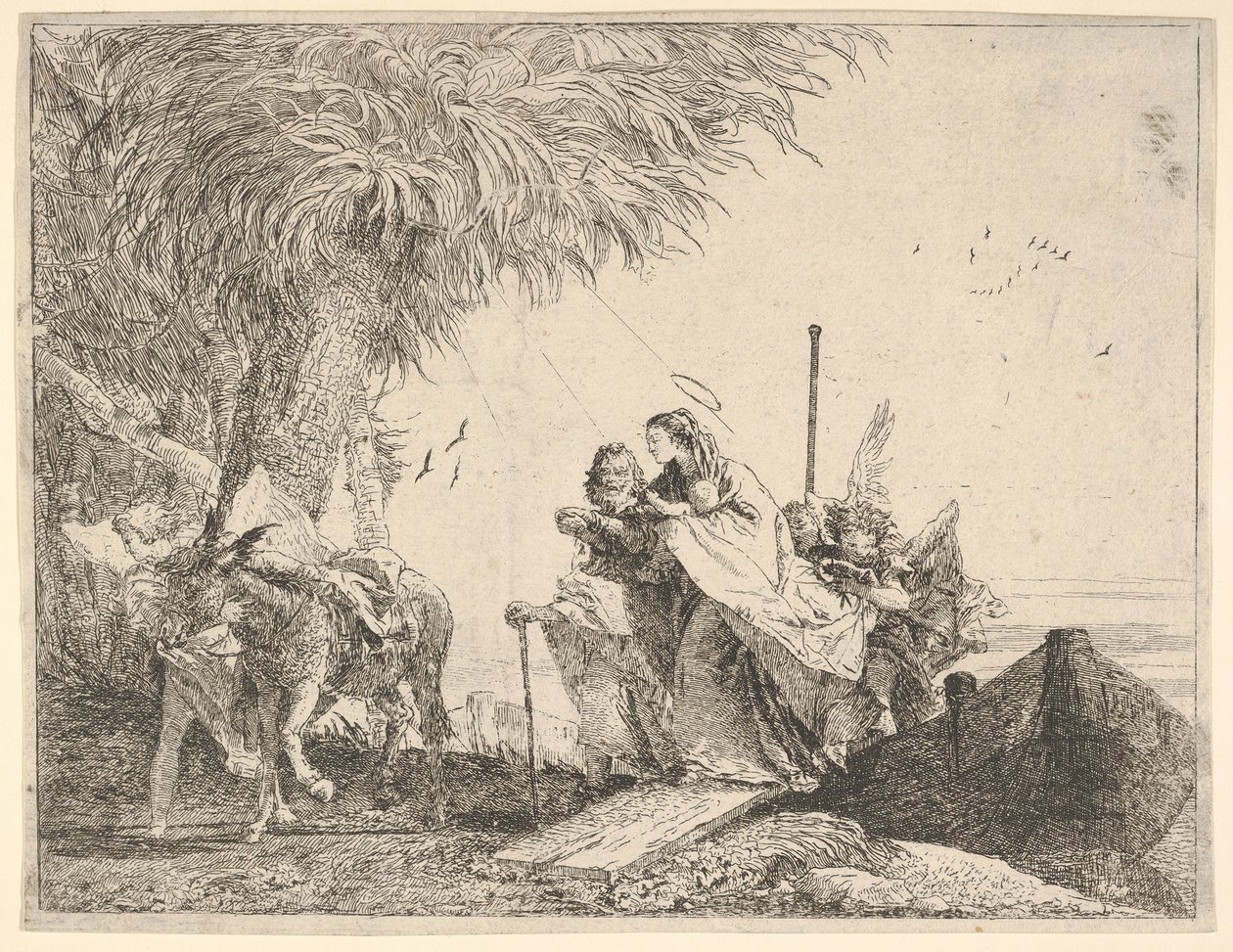 Maryja, wspomagana przez Józefa i anioła, wychodząc z łodzi na brzeg, anioł uspokaja się…, 1753. autorstwa David Giovanni