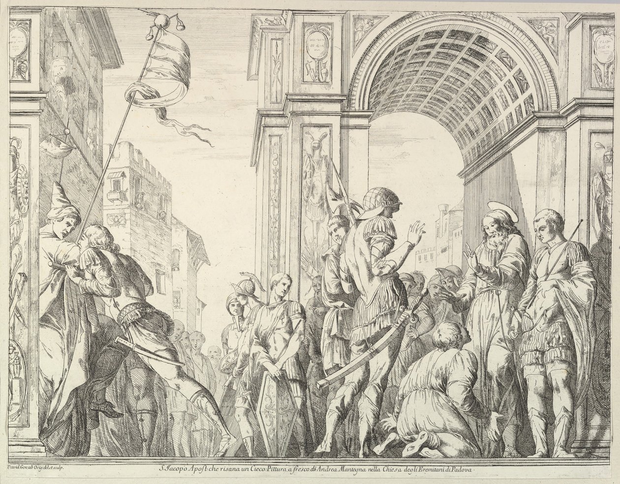 Święty Jakub leczy ślepca, z Historii świętych Jakuba i Krzysztofa w Erem..., 1776. autorstwa David Giovanni