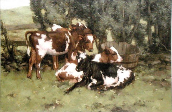 Trzy cielęta, ok. 1920 (olej na płótnie) autorstwa David Gould