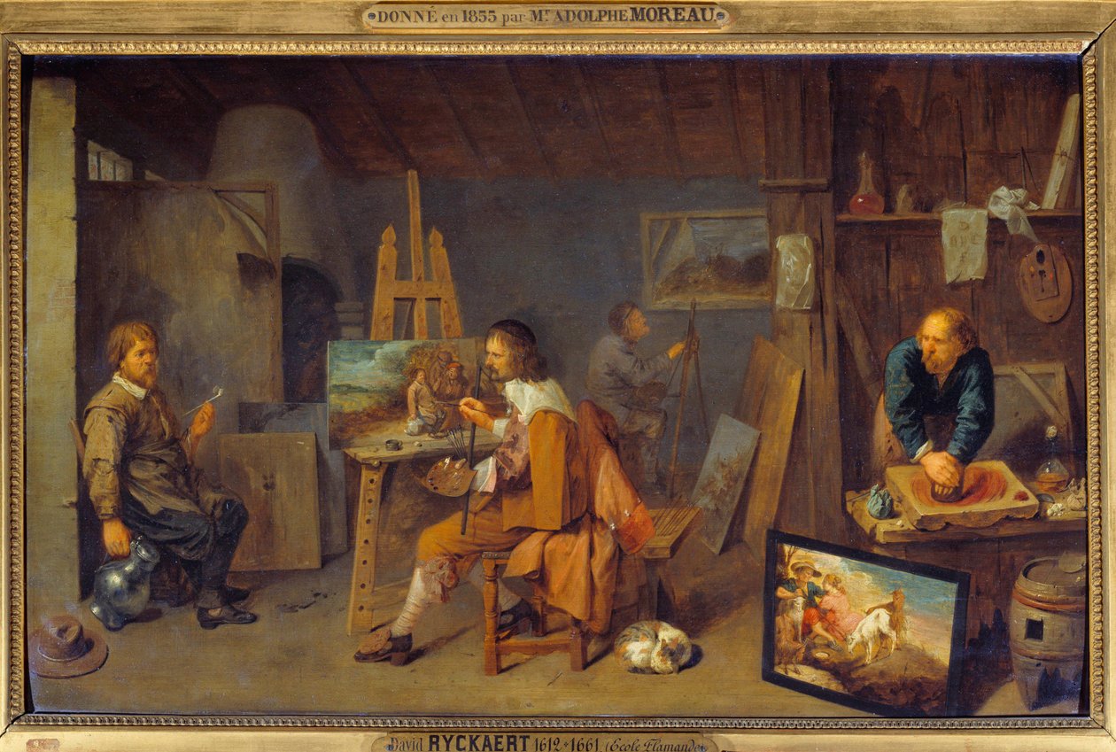 Warsztat malarski z modelką pozującą i szlifierką kolorów. Obraz Davida III Ryckaerta (1612-1661), Ec. Bujda autorstwa David III Ryckaert