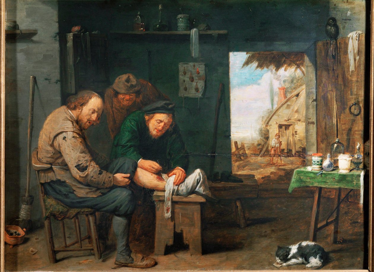 "Fryzjer-chirurg" (olej na drewnie) autorstwa David III Ryckaert