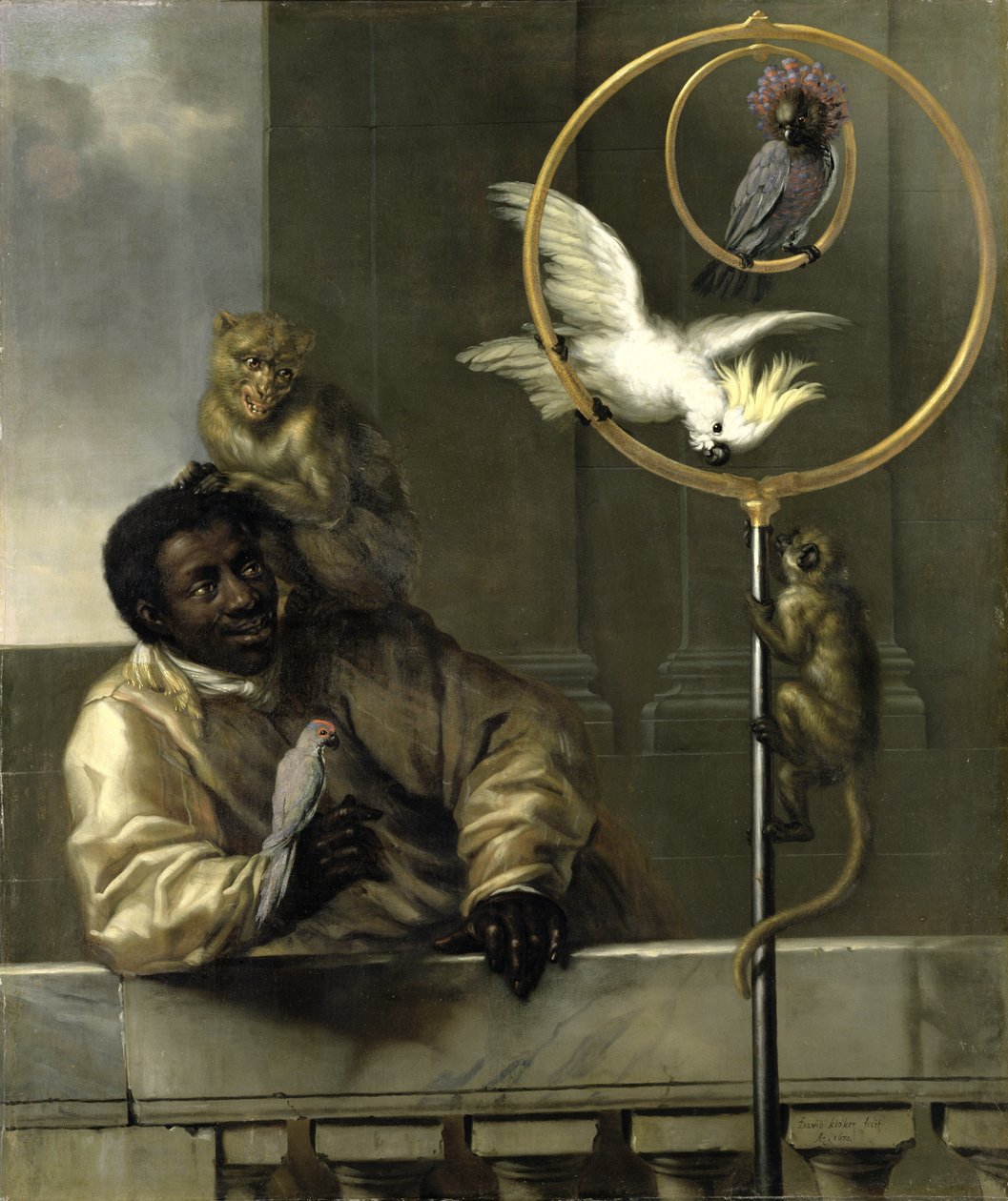Czarny człowiek z papugami i małpami, 1670 autorstwa David Klöcker Ehrenstrahl