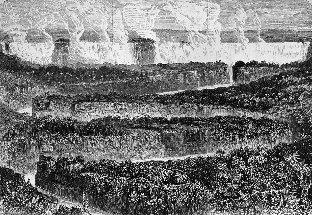Widok wielkich katarakt Zambezi, znanych jako Mosi-oa-Tuny lub Wodospady Wiktorii, Zambia, rycina z Narrative of Expedition to Zambezi i jego dopływów, autorstwa Davida Livingstone
