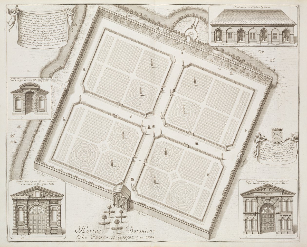 Hortus Botanicus, The Physick Garden, Oxon, z „Oxonia Illustrata”, opublikowana w 1675 r. autorstwa David Loggan