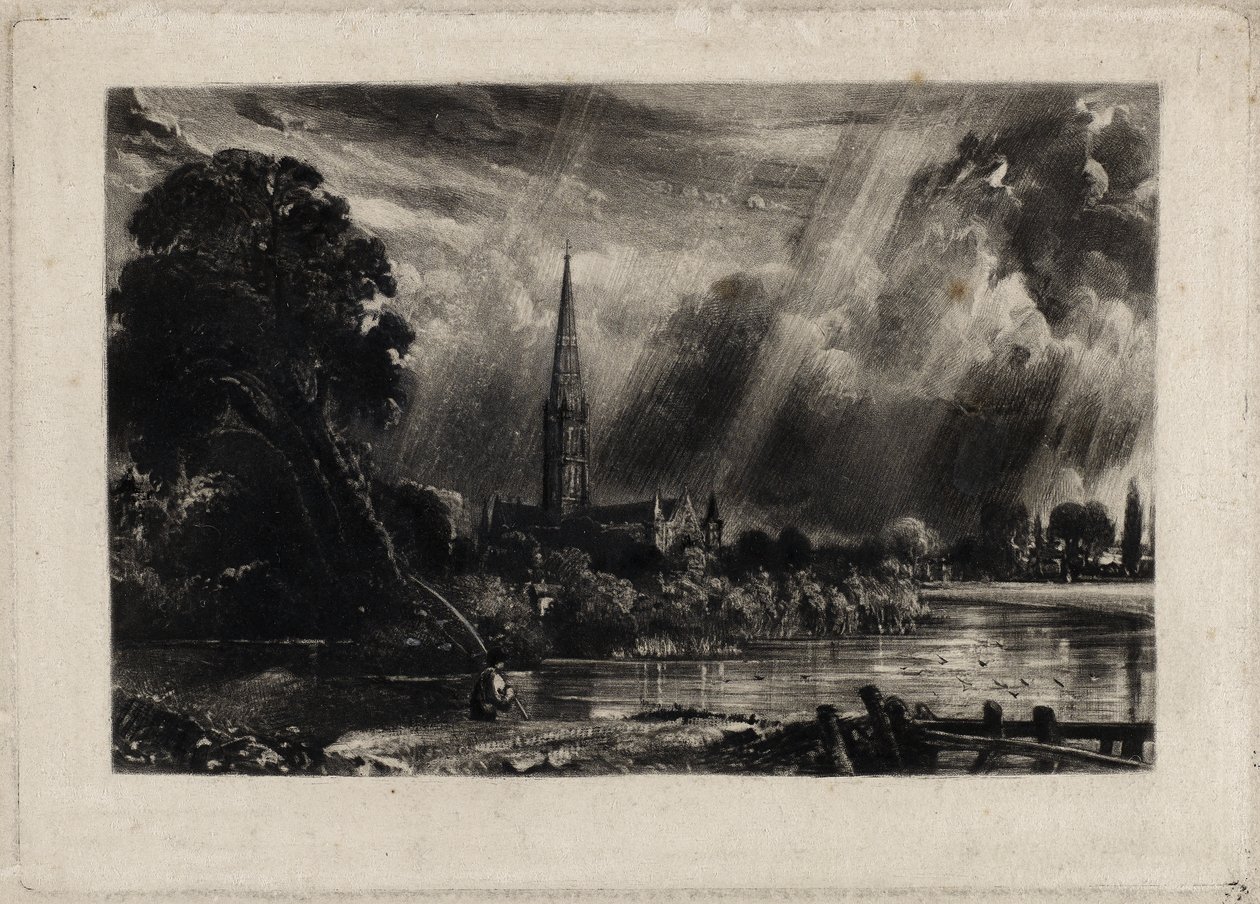 Katedra w Salisbury, ok. 1832 (mezzotinta z białą kredą na papierze wykładanym) autorstwa David Lucas