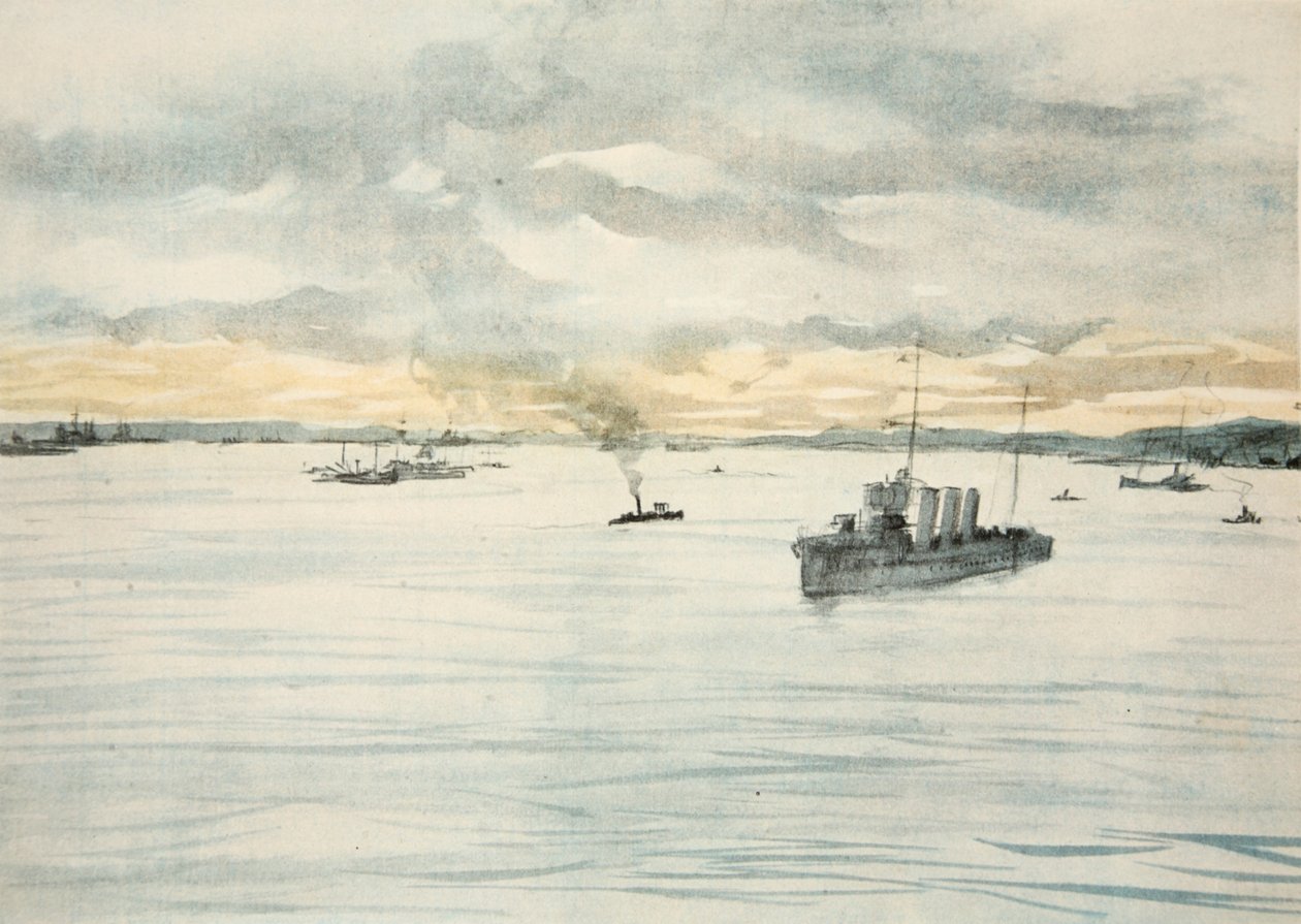 Niszczyciel w porcie, ilustracja z "The Western Front", wyd. przez Country Life Ltd. autorstwa David Muirhead Bone