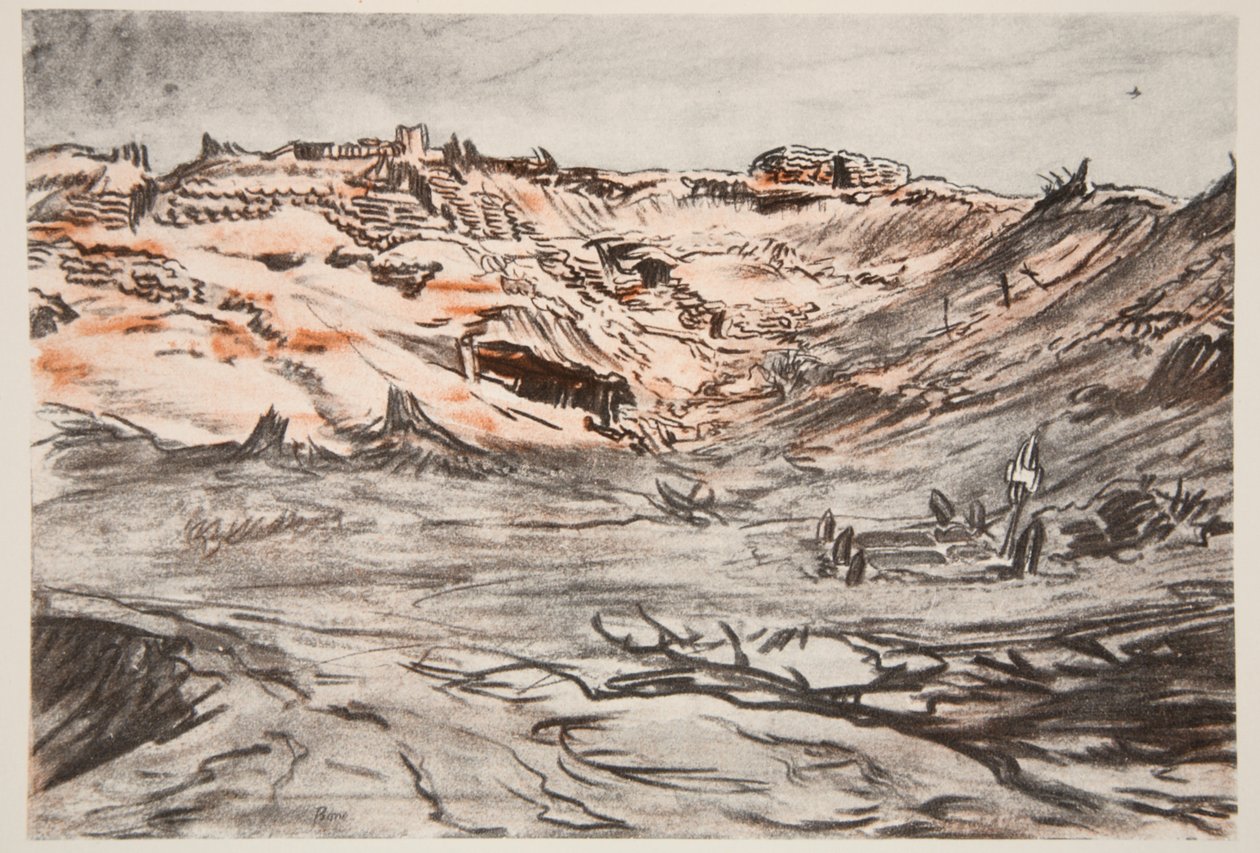 Nowy kamieniołom Mouquet Farm, ilustracja z "The Western Front", wyd. przez Country Life Ltd. autorstwa David Muirhead Bone