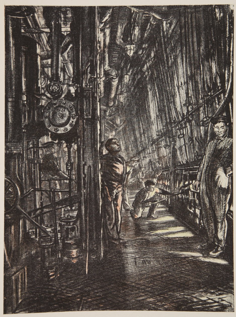 Kotłownia na pancerniku, ilustracja z "Frontu Zachodniego", wyd. przez Country Life Ltd. autorstwa David Muirhead Bone