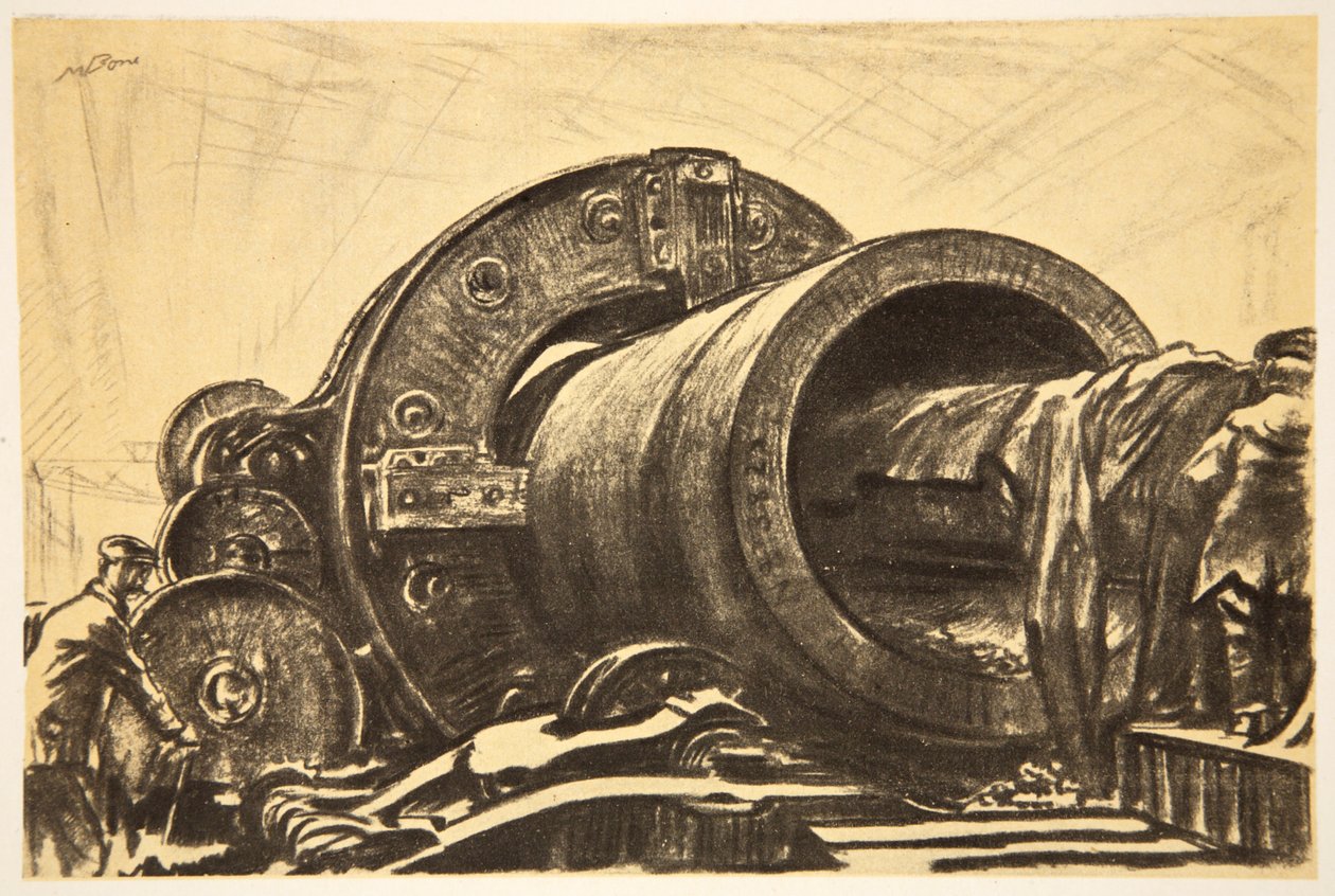 Maszyna do wiercenia otworów w rurze ciężkiego działa, ilustracja z "The Western Front", wyd. przez Country Life Ltd. autorstwa David Muirhead Bone