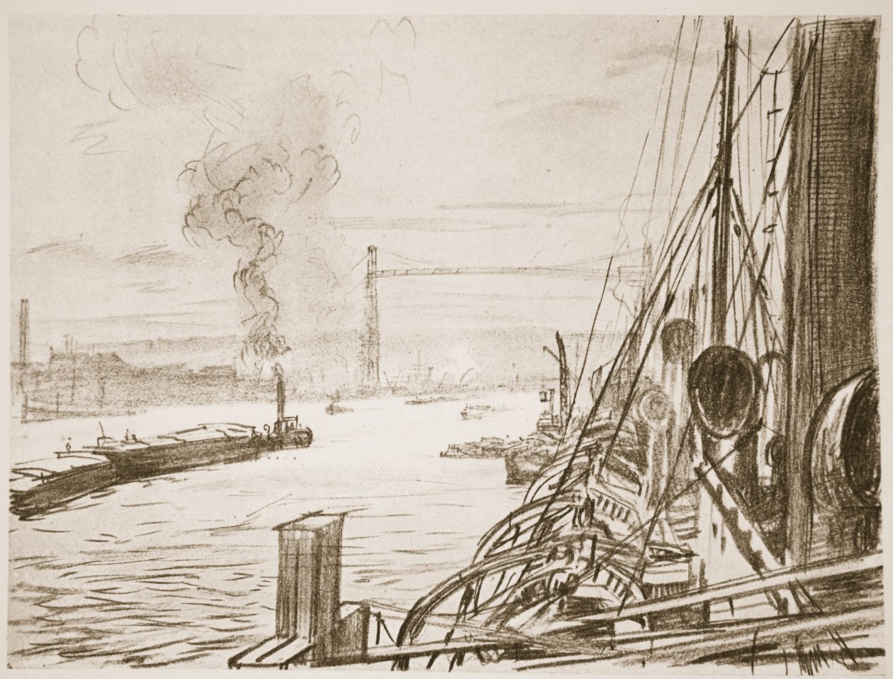 Statek szpitalny w bazie, ilustracja z "The Western Front", wyd. przez Country Life Ltd. autorstwa David Muirhead Bone