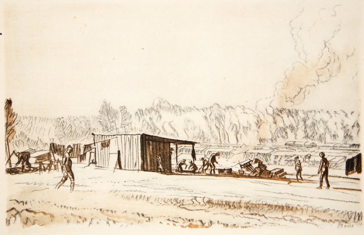 Kuchnia w polu, ilustracja z "The Western Front", wyd. przez Country Life Ltd. autorstwa David Muirhead Bone