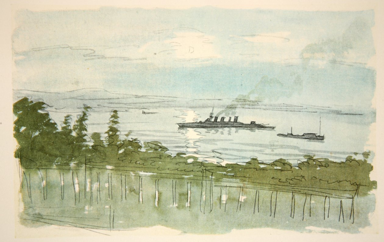Lekki krążownik: wieczór, ilustracja z "The Western Front", wyd. przez Country Life Ltd. autorstwa David Muirhead Bone