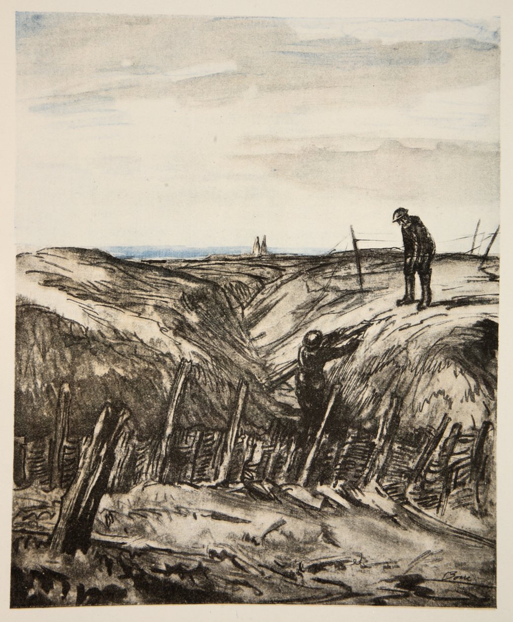 Zrujnowany okop, ilustracja z książki "The Western Front", wyd. przez Country Life Ltd. autorstwa David Muirhead Bone
