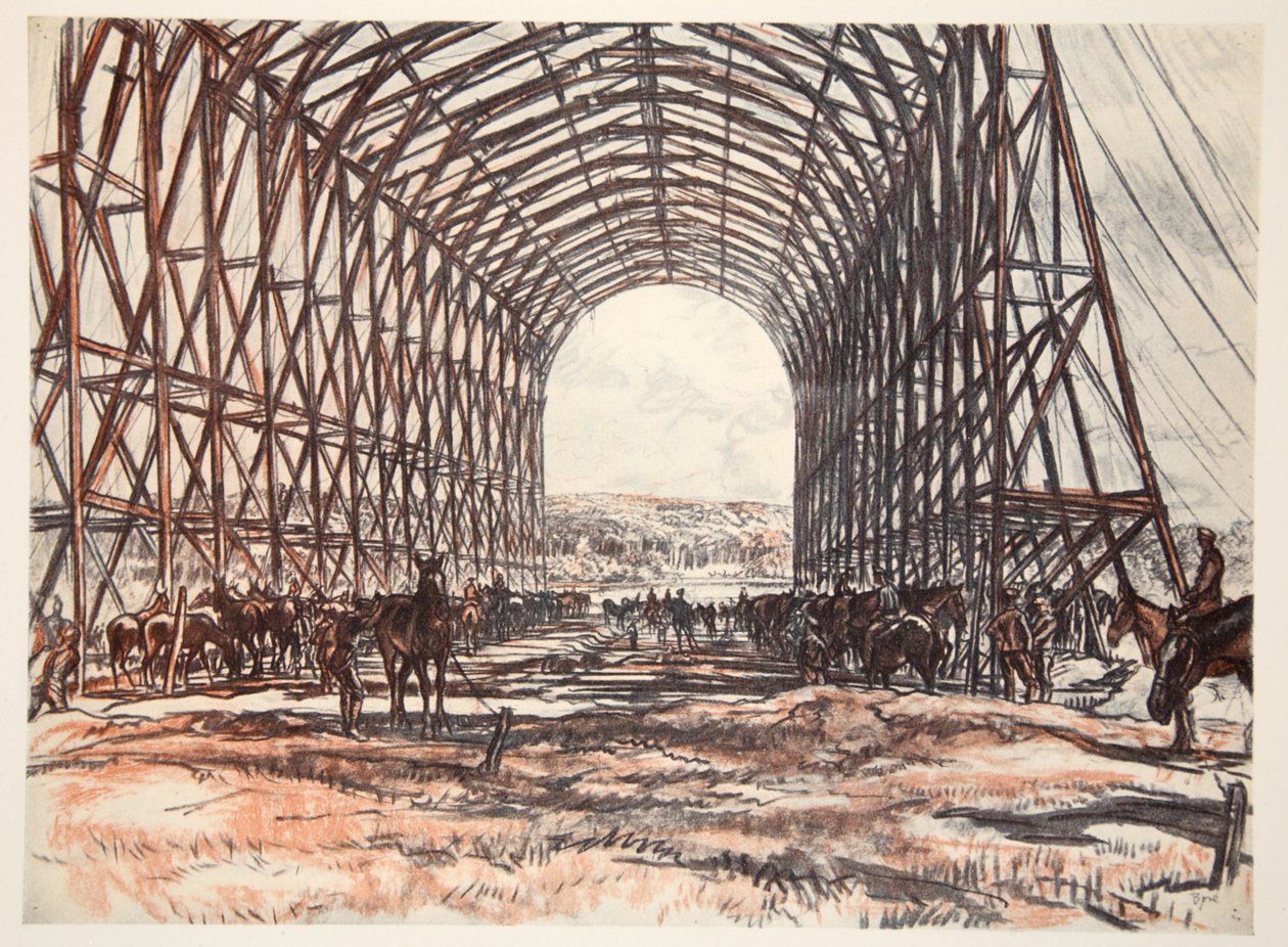 Stajnia na froncie zachodnim, ilustracja z książki "The Western Front", wyd. przez Country Life Ltd. autorstwa David Muirhead Bone