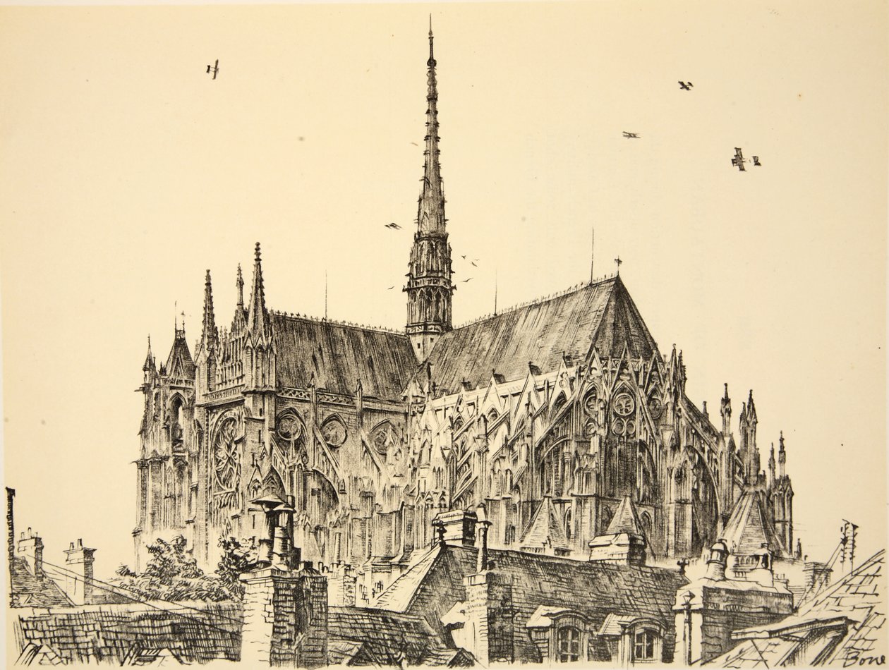 Katedra w Amiens, ilustracja z książki "The Western Front", wyd. przez Country Life Ltd. autorstwa David Muirhead Bone