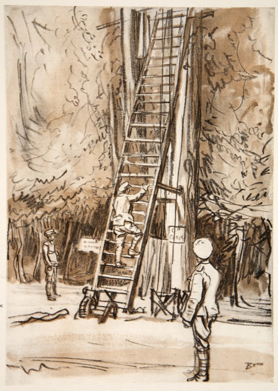Posterunek obserwacyjny, ilustracja z książki "The Western Front", wyd. przez Country Life Ltd. autorstwa David Muirhead Bone
