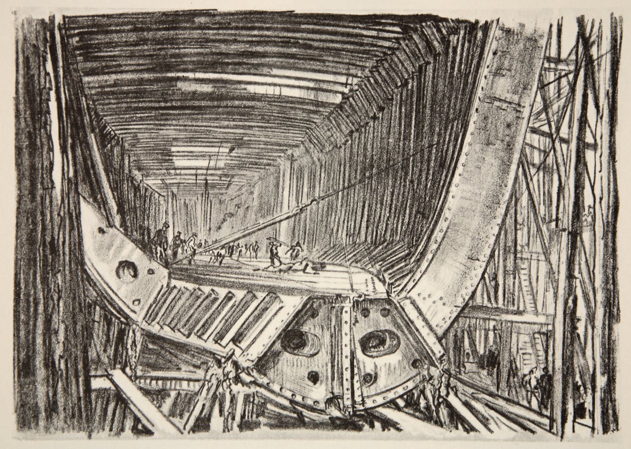 Budowa standardowego statku, ilustracja z "The Western Front", wyd. przez Country Life Ltd. autorstwa David Muirhead Bone