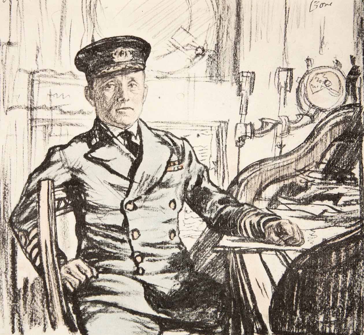 Kapitan Cyril Fuller RI Navy, ilustracja z książki "The Western Front", wydanej przez Country Life Ltd. autorstwa David Muirhead Bone