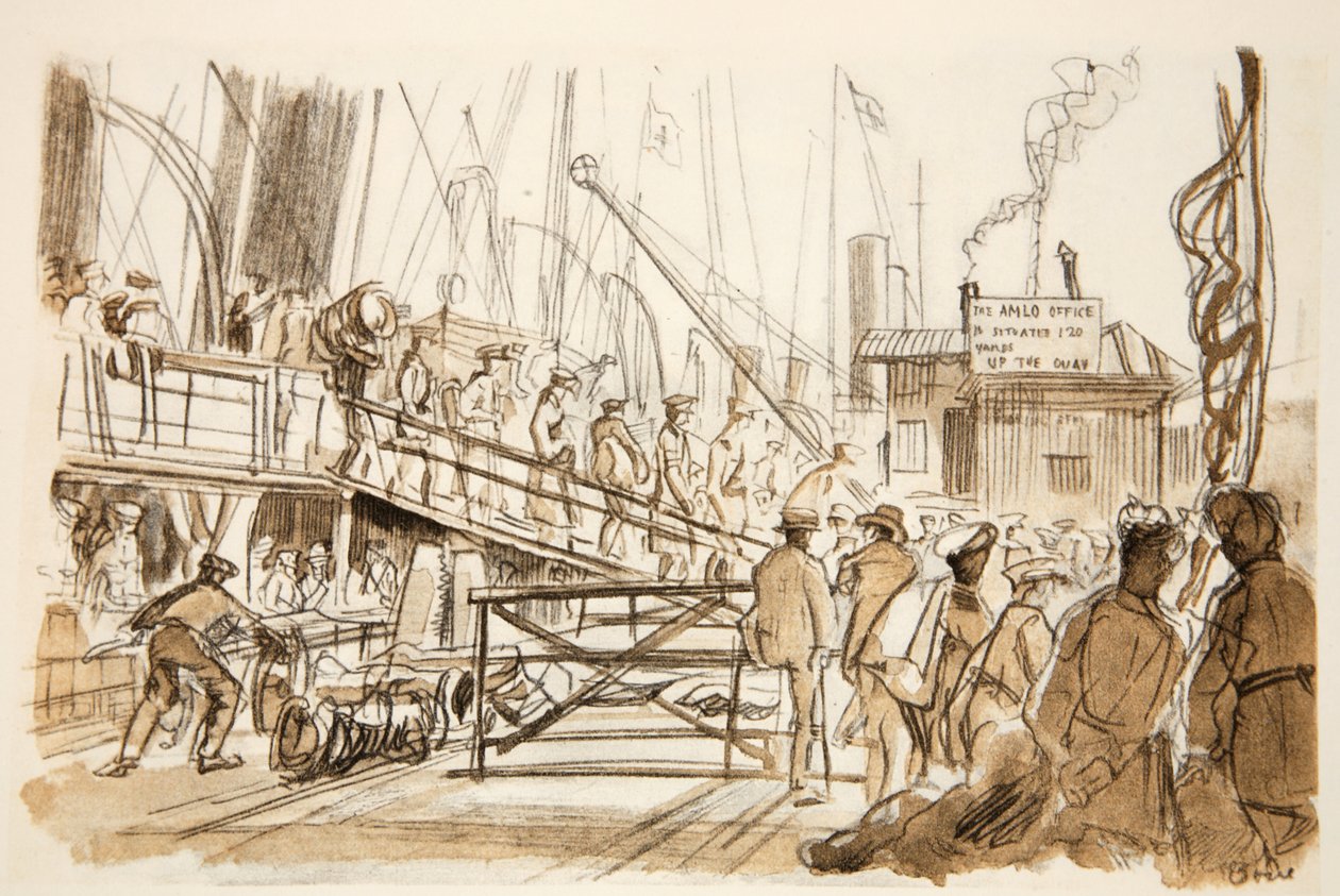 Wysiadanie, ilustracja z "The Western Front", wyd. przez Country Life Ltd. autorstwa David Muirhead Bone