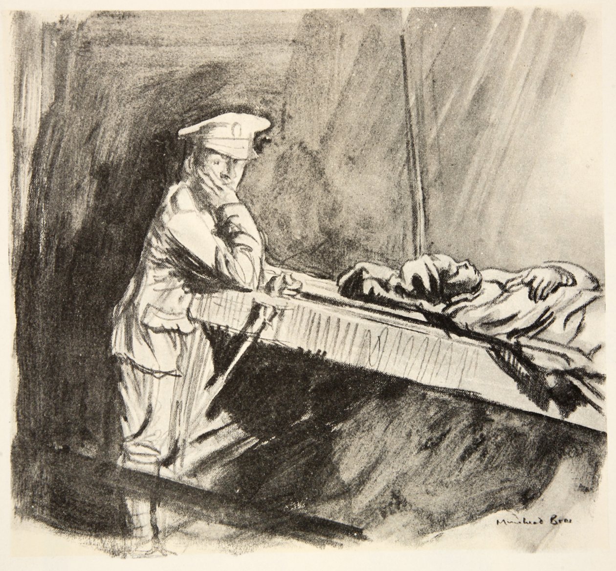 Wyciąganie rannych, ilustracja z "The Western Front", wyd. przez Country Life Ltd. autorstwa David Muirhead Bone