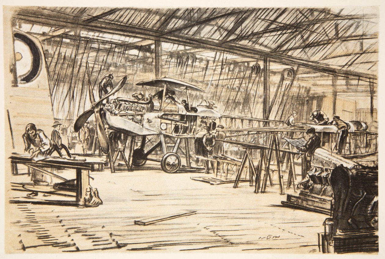 Wznoszenie samolotów, ilustracja z "The Western Front", wyd. przez Country Life Ltd. autorstwa David Muirhead Bone