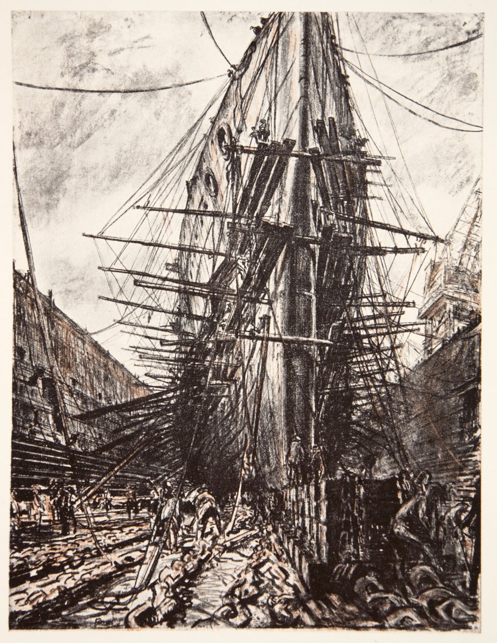 HMS Lion w suchym doku, ilustracja z "The Western Front", wyd. przez Country Life Ltd. autorstwa David Muirhead Bone