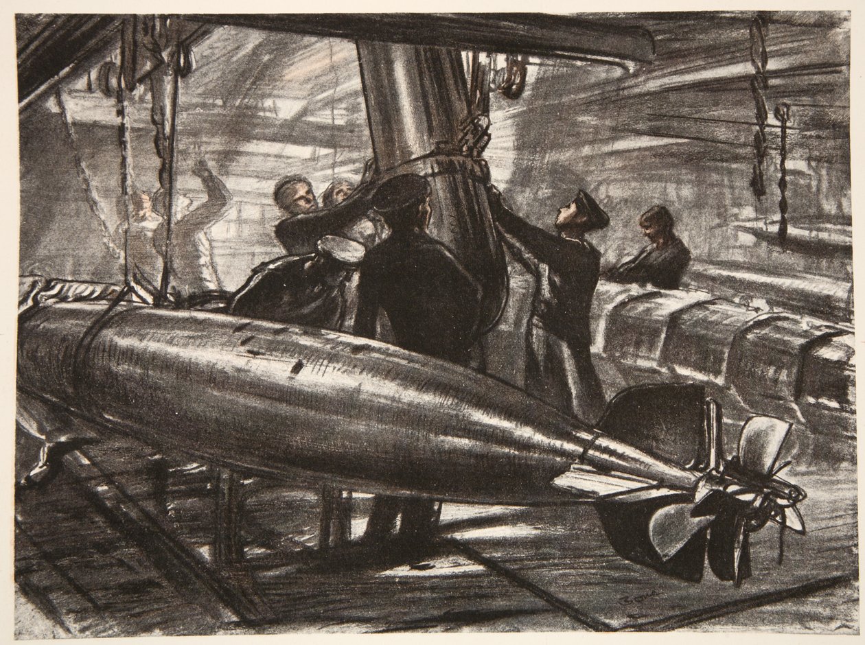 W zanurzonej torpedowni pancernika, ilustracja z "Frontu Zachodniego", wyd. przez Country Life Ltd. autorstwa David Muirhead Bone