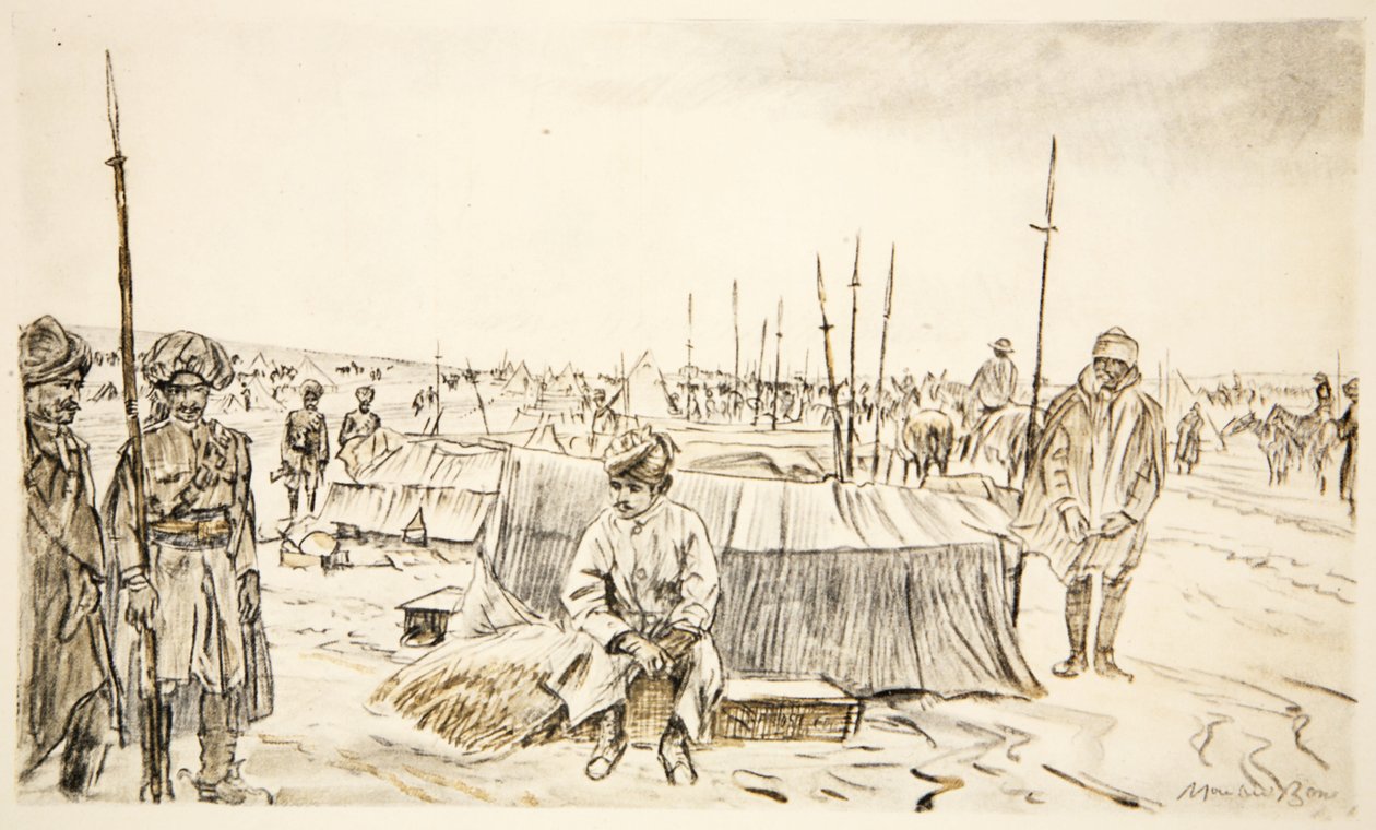 Indyjska kawaleria, ilustracja z "The Western Front", wyd. przez Country Life Ltd autorstwa David Muirhead Bone