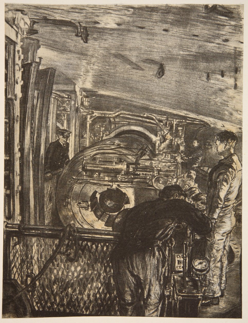 Wewnątrz wieżyczki, ilustracja z "The Western Front", wyd. przez Country Life Ltd. autorstwa David Muirhead Bone