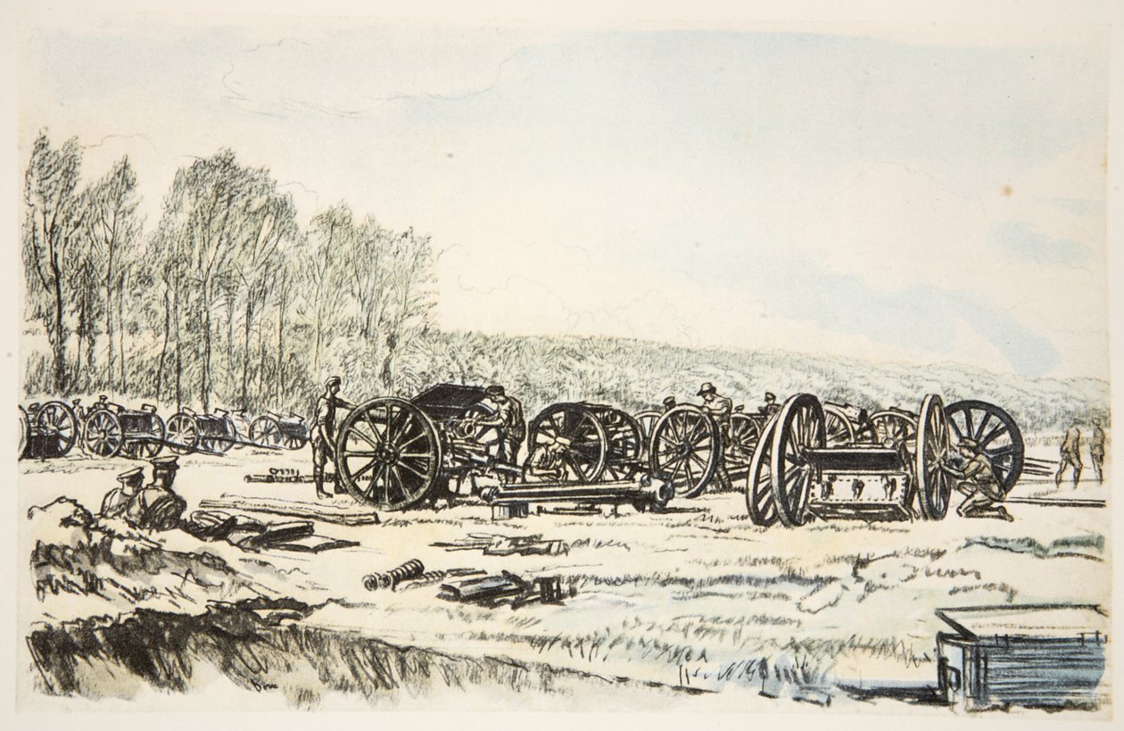 Mężczyźni z RFA czyszczący broń, ilustracja z "The Western Front", wyd. przez Country Life Ltd. autorstwa David Muirhead Bone
