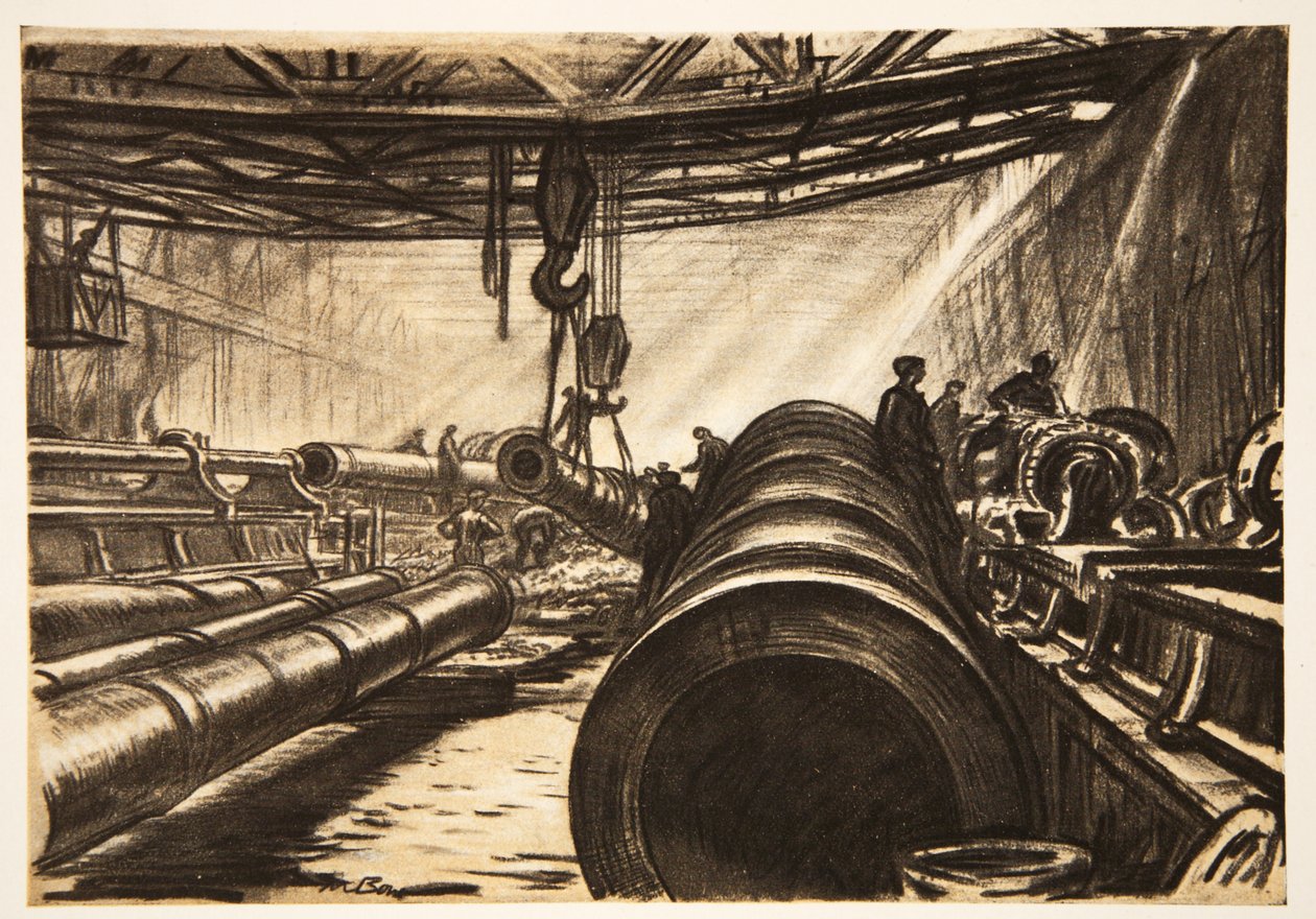 Przenoszenie ciężkich dział, ilustracja z "The Western Front", wyd. przez Country Life Ltd. autorstwa David Muirhead Bone