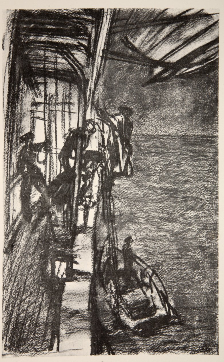 Off Havre: zabranie pilota na pokład statku szpitalnego, ilustracja z "The Western Front", wyd. przez Country Life Ltd. autorstwa David Muirhead Bone