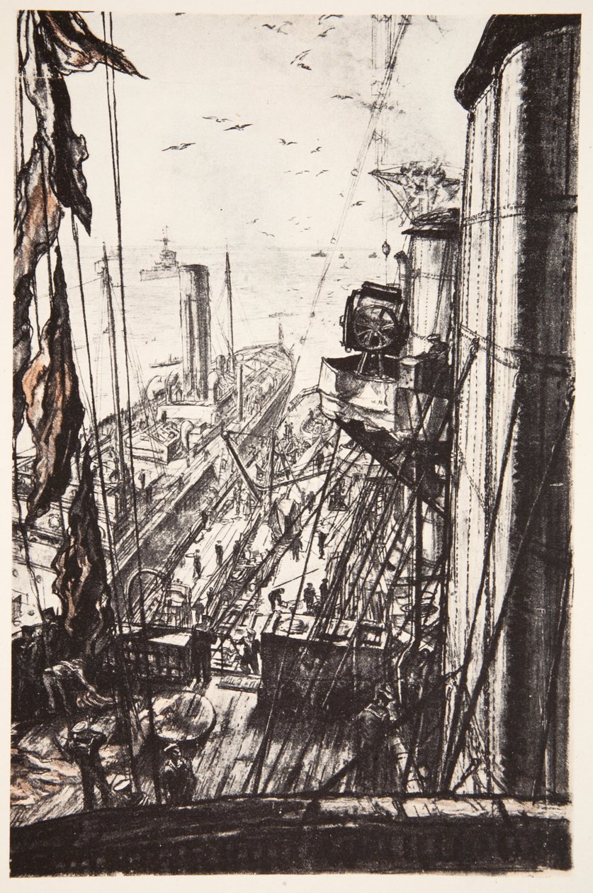 "Oiling": pancernik pobierający paliwo na morzu, ilustracja z "The Western Front", wyd. przez Country Life Ltd. autorstwa David Muirhead Bone