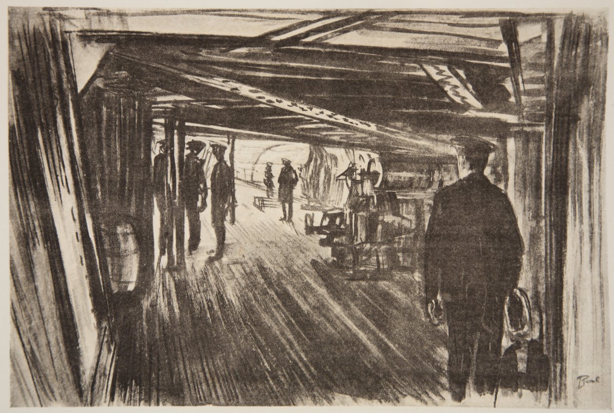 Na pokładzie krążownika bojowego: między pokładami, ilustracja z "The Western Front", wyd. przez Country Life Ltd. autorstwa David Muirhead Bone