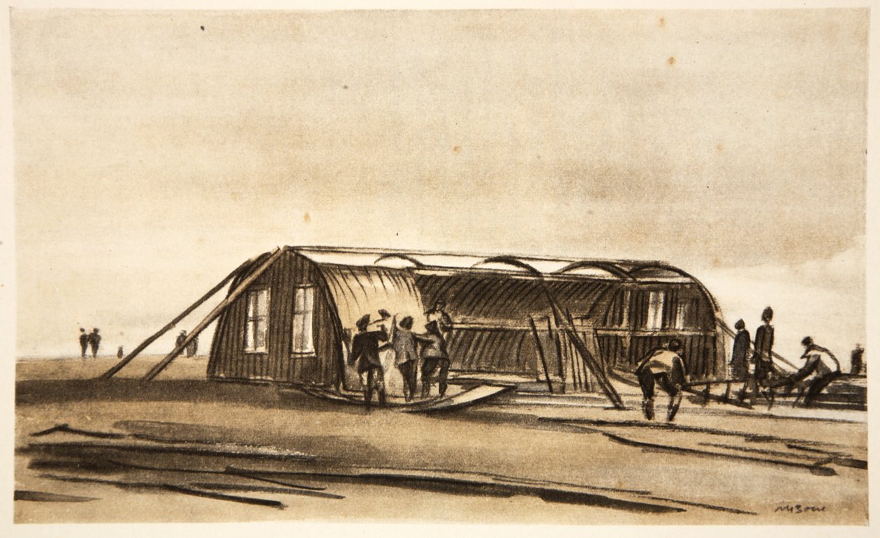 Nad Sommą: Żołnierze RFC budujący swój zimowy szałas, ilustracja z "The Western Front", wyd. przez Country Life Ltd. autorstwa David Muirhead Bone