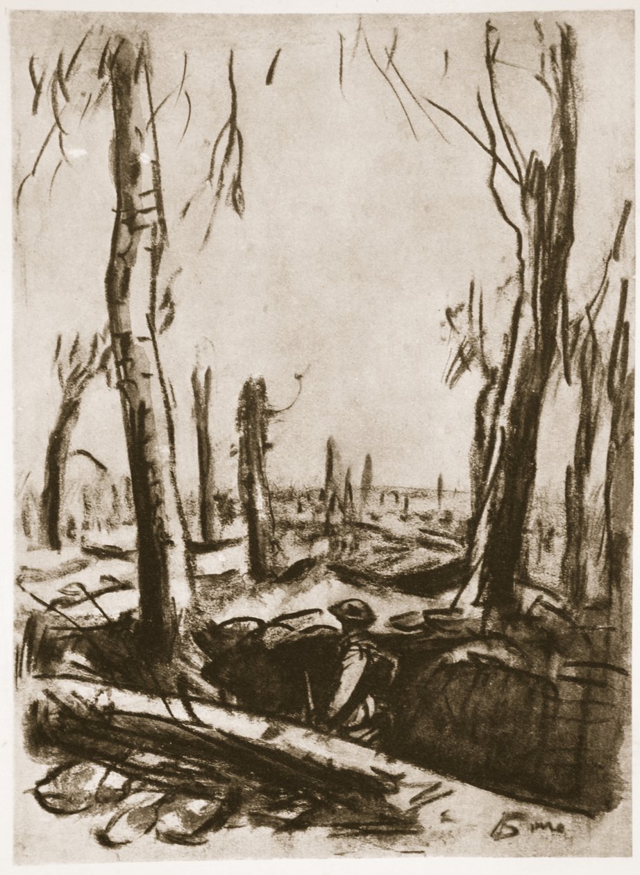 Zrujnowane okopy w Mametz Wood, ilustracja z "The Western Front", wyd. przez Country Life Ltd. autorstwa David Muirhead Bone