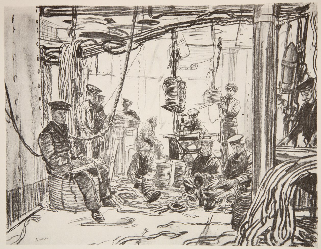 Marynarze na pancerniku produkujący amunicję dla armii, ilustracja z "The Western Front", wyd. przez Country Life Ltd. autorstwa David Muirhead Bone