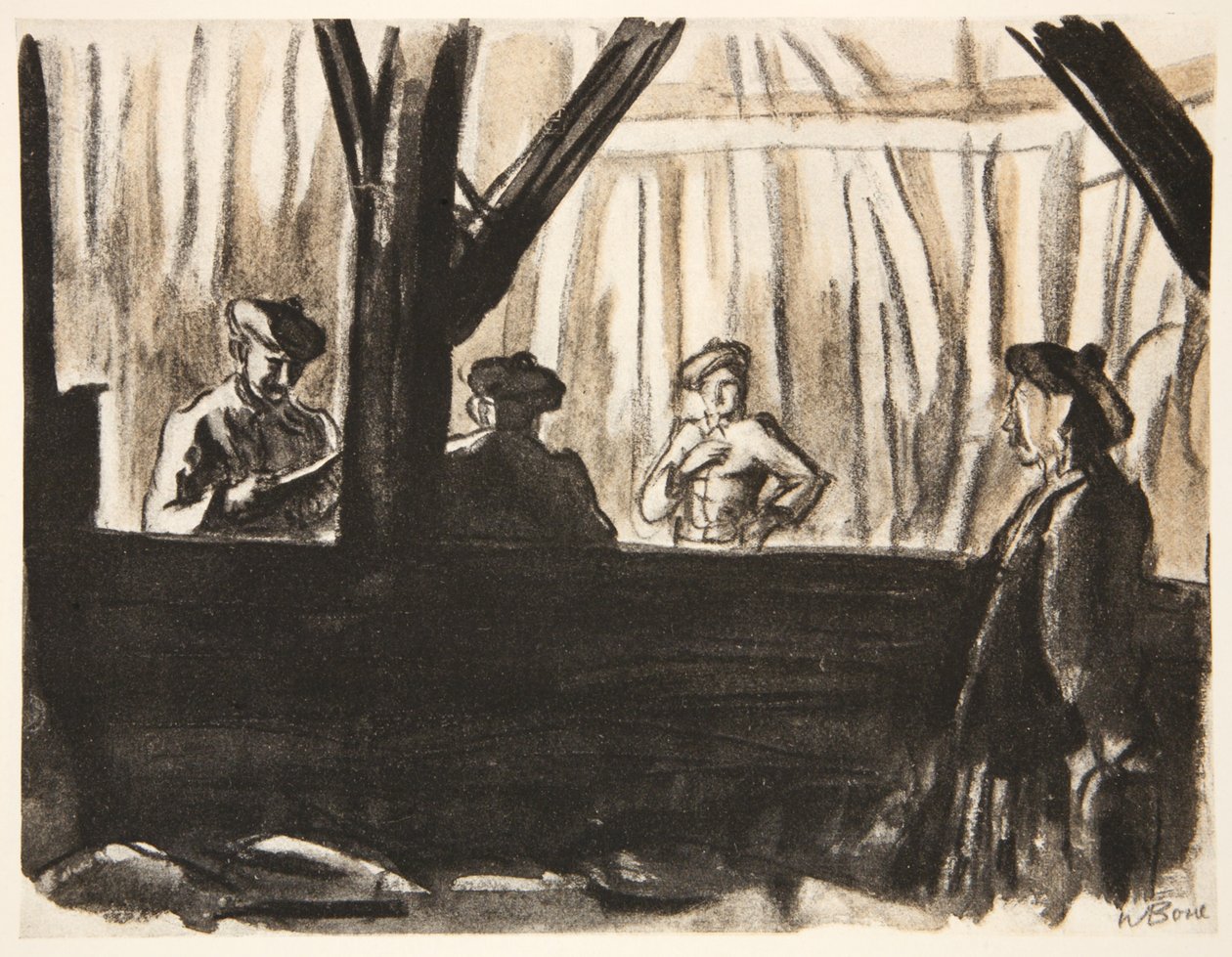 Szkoccy żołnierze we francuskiej stodole, ilustracja z "The Western Front", wyd. przez Country Life Ltd. autorstwa David Muirhead Bone