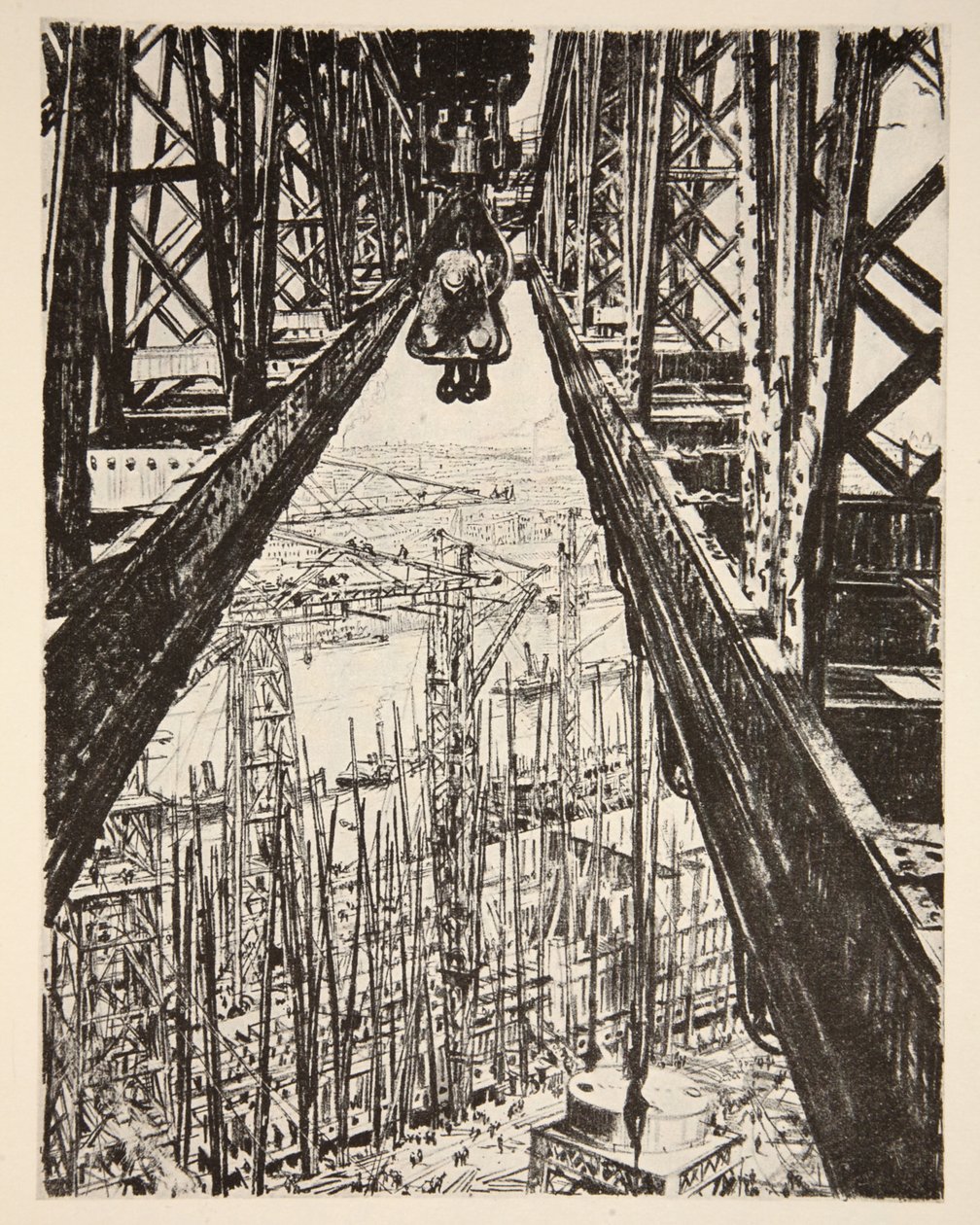 Stocznia widziana z Wielkiego Żurawia, ilustracja z "The Western Front", wyd. przez Country Life Ltd. autorstwa David Muirhead Bone