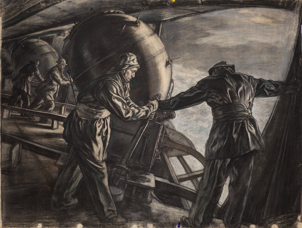Study for Winter Mine-Laying off Iceland, ok. 1942 (węgiel i kolorowa kreda na papierze) autorstwa David Muirhead Bone