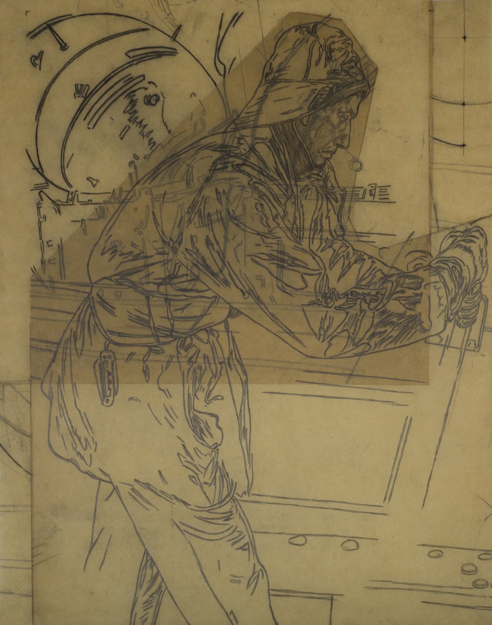 Study for Winter Mine-Laying off Iceland, ok. 1942, kat. 6 (ołówek na kalce technicznej) autorstwa David Muirhead Bone