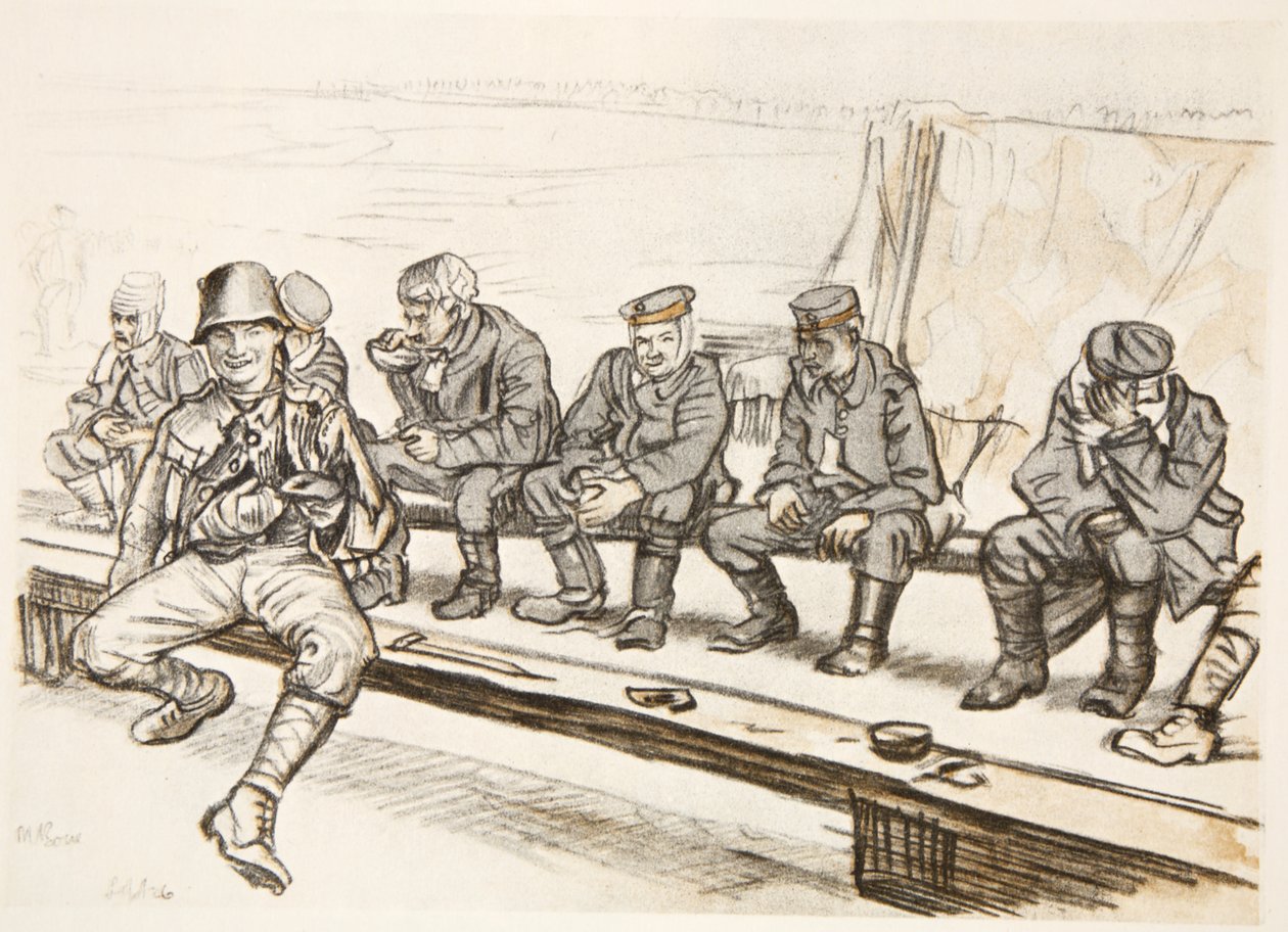 Szczęśliwy wojownik, ilustracja z "The Western Front", wyd. przez Country Life Ltd autorstwa David Muirhead Bone