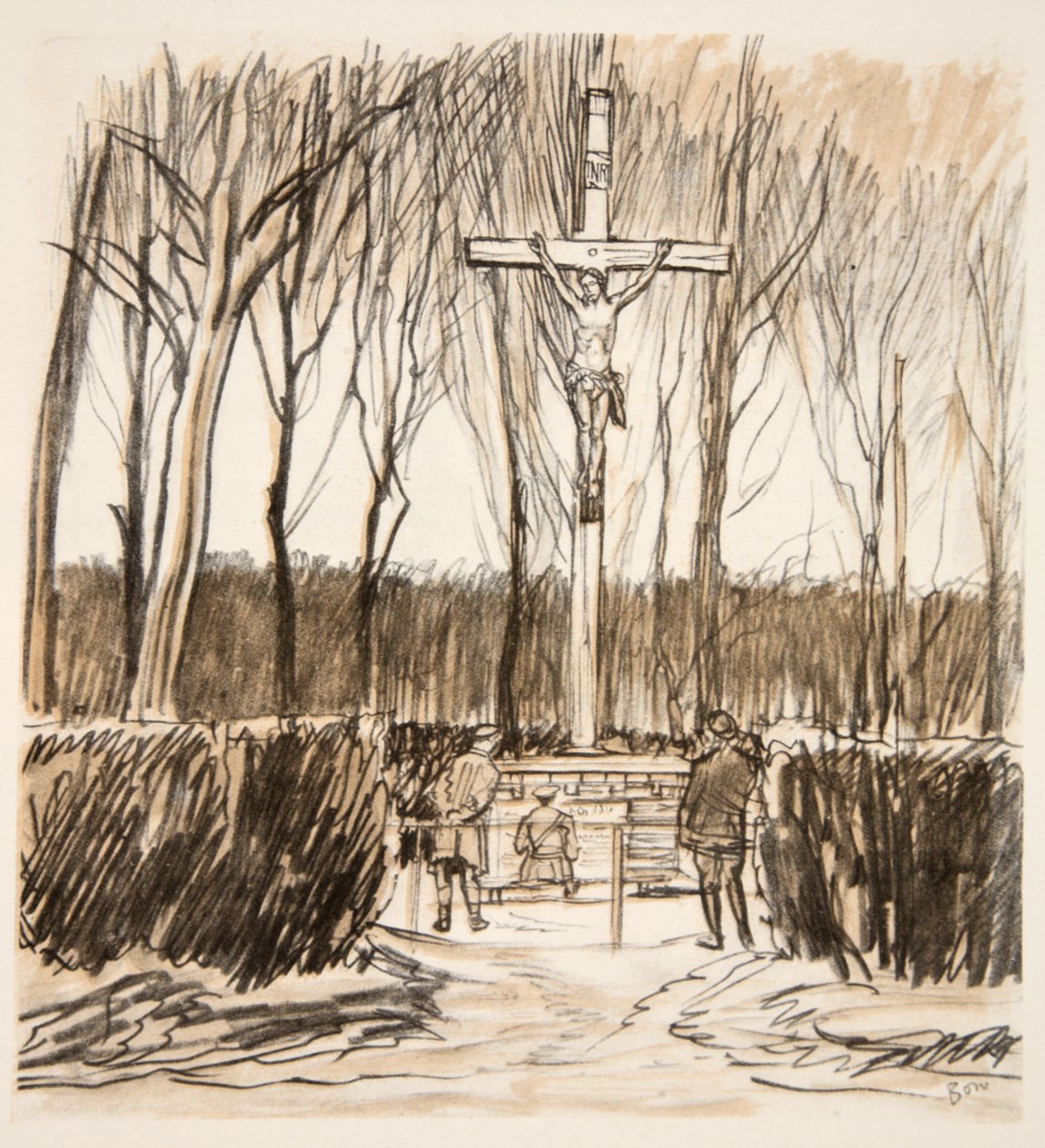 Pomnik na polu Agincourt, ilustracja z "The Western Front", wyd. przez Country Life Ltd. autorstwa David Muirhead Bone