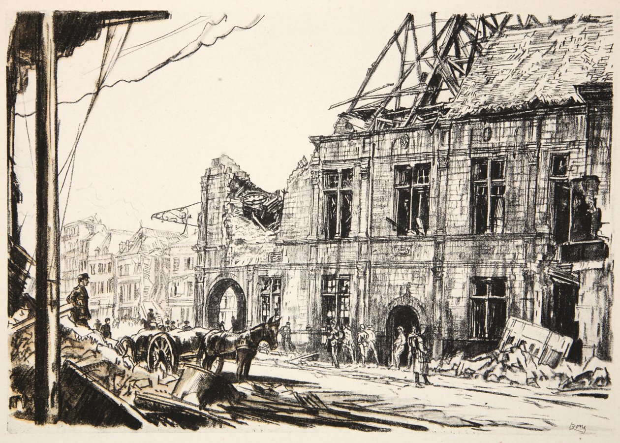 Ratusz w Peronne, ilustracja z książki "The Western Front", wyd. przez Country Life Ltd. autorstwa David Muirhead Bone