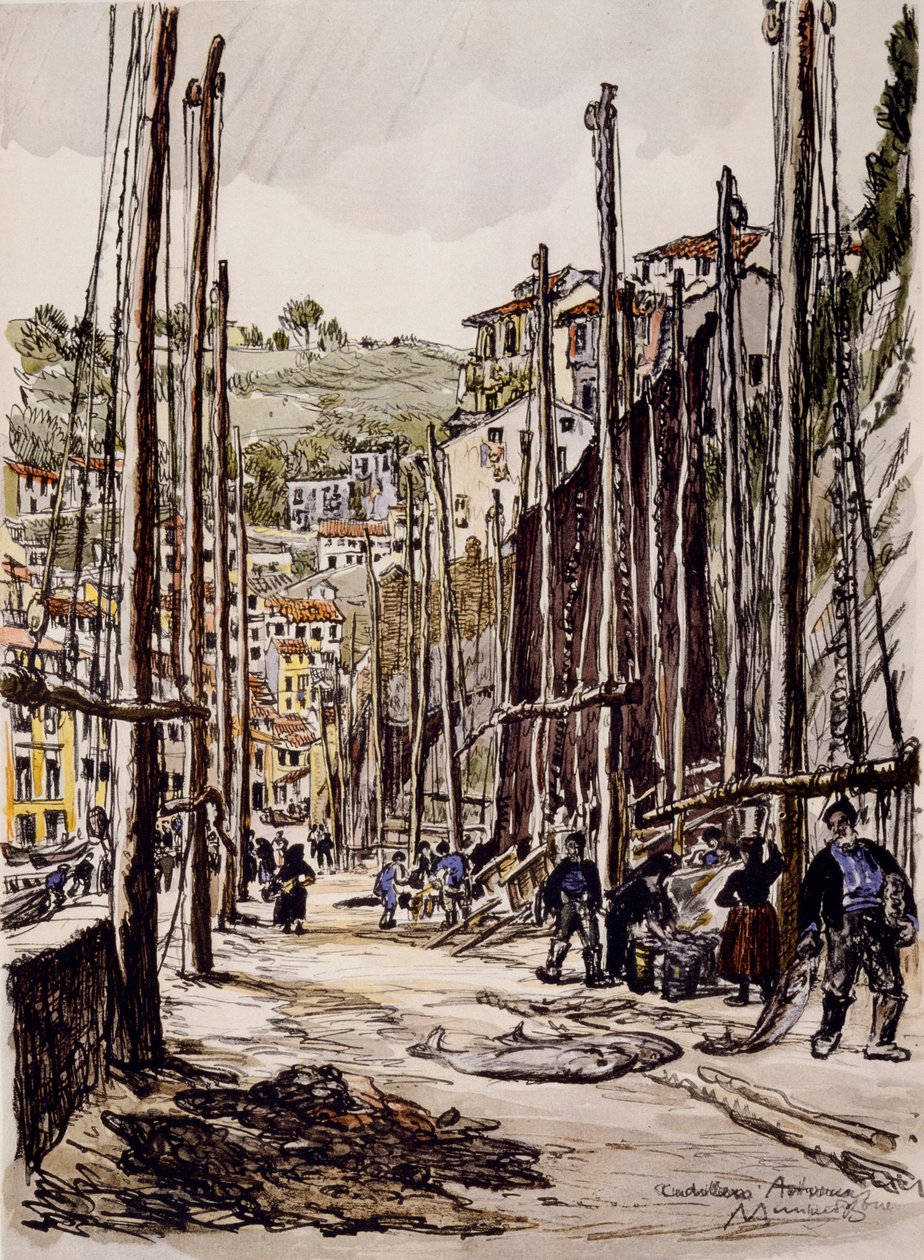 The Tunny Fishers, Cudillero, wybrzeże Asturii autorstwa David Muirhead Bone