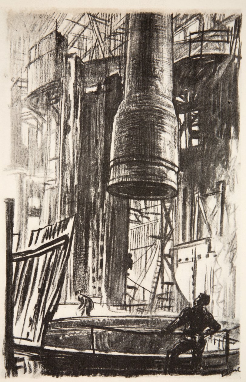 Kanał artyleryjski: kurtka artyleryjska wchodząca do zbiornika z olejem, ilustracja z "The Western Front", wyd. przez Country Life Ltd. autorstwa David Muirhead Bone